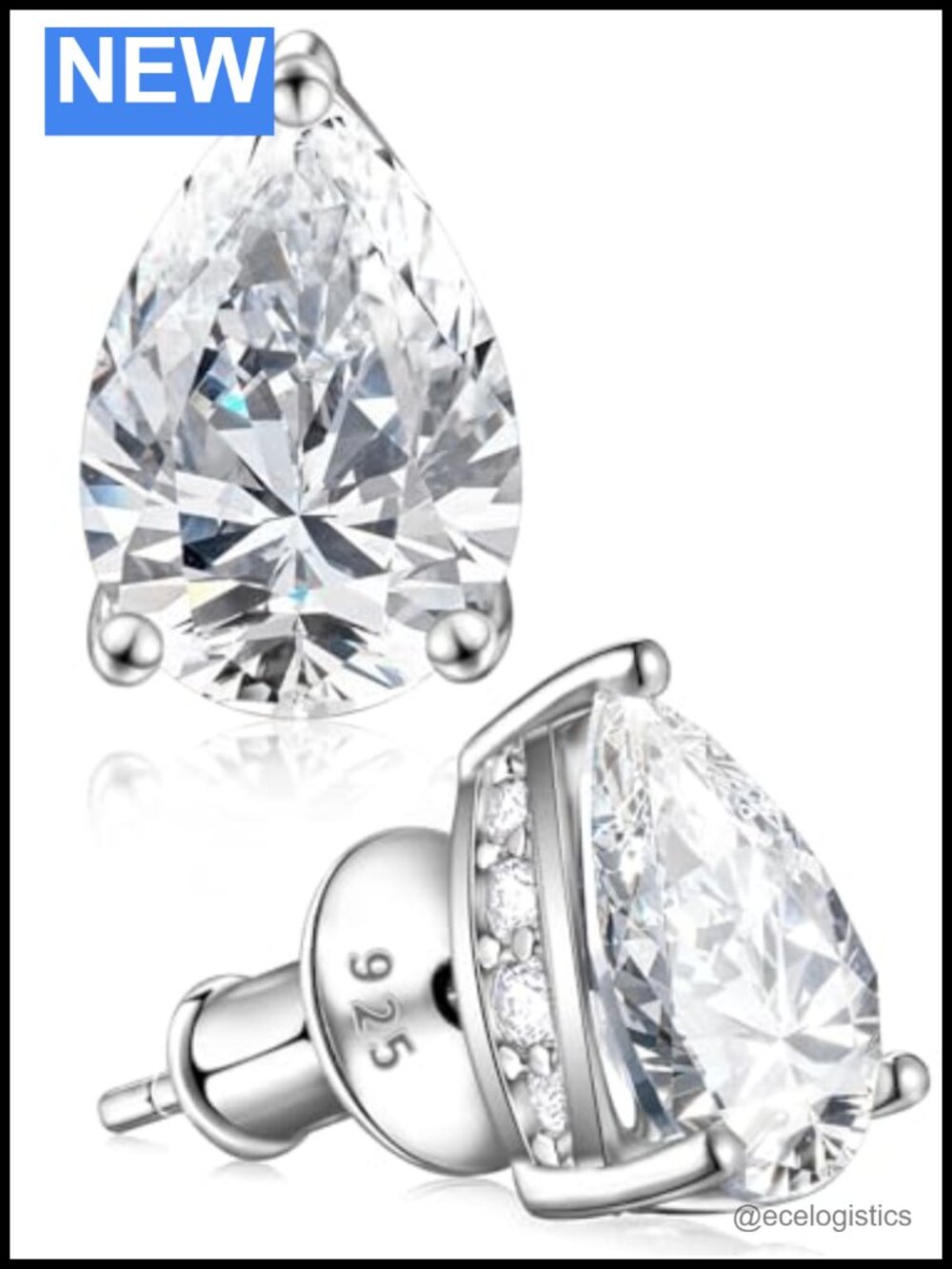 925 Sterling Silver Moissanite Stud Earrings 2 Carats Pear Cut Rhodium Finish